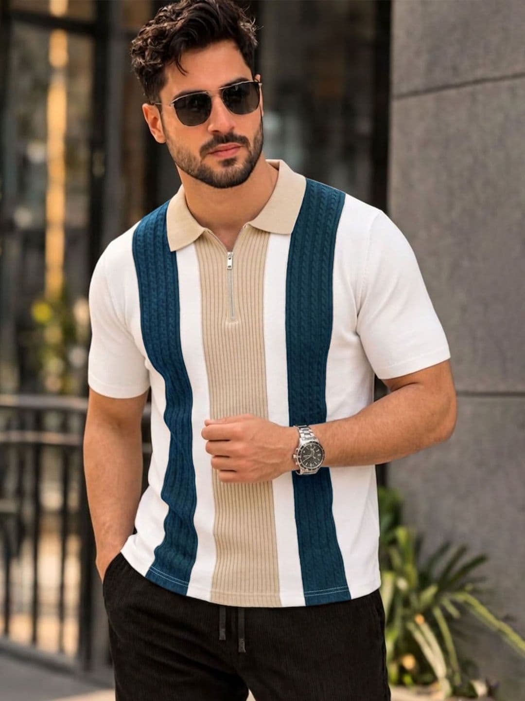 AUSK Men Striped Polo Collar T-shirt - view 1