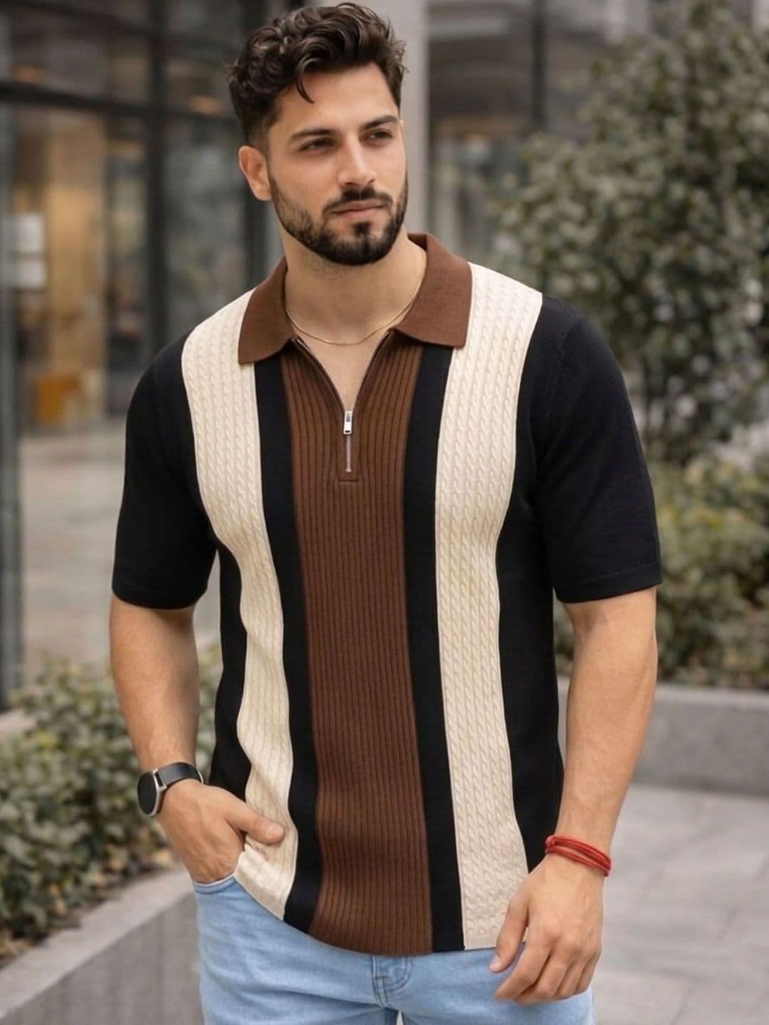 AUSK Men Striped Polo Collar T-shirt - view 1