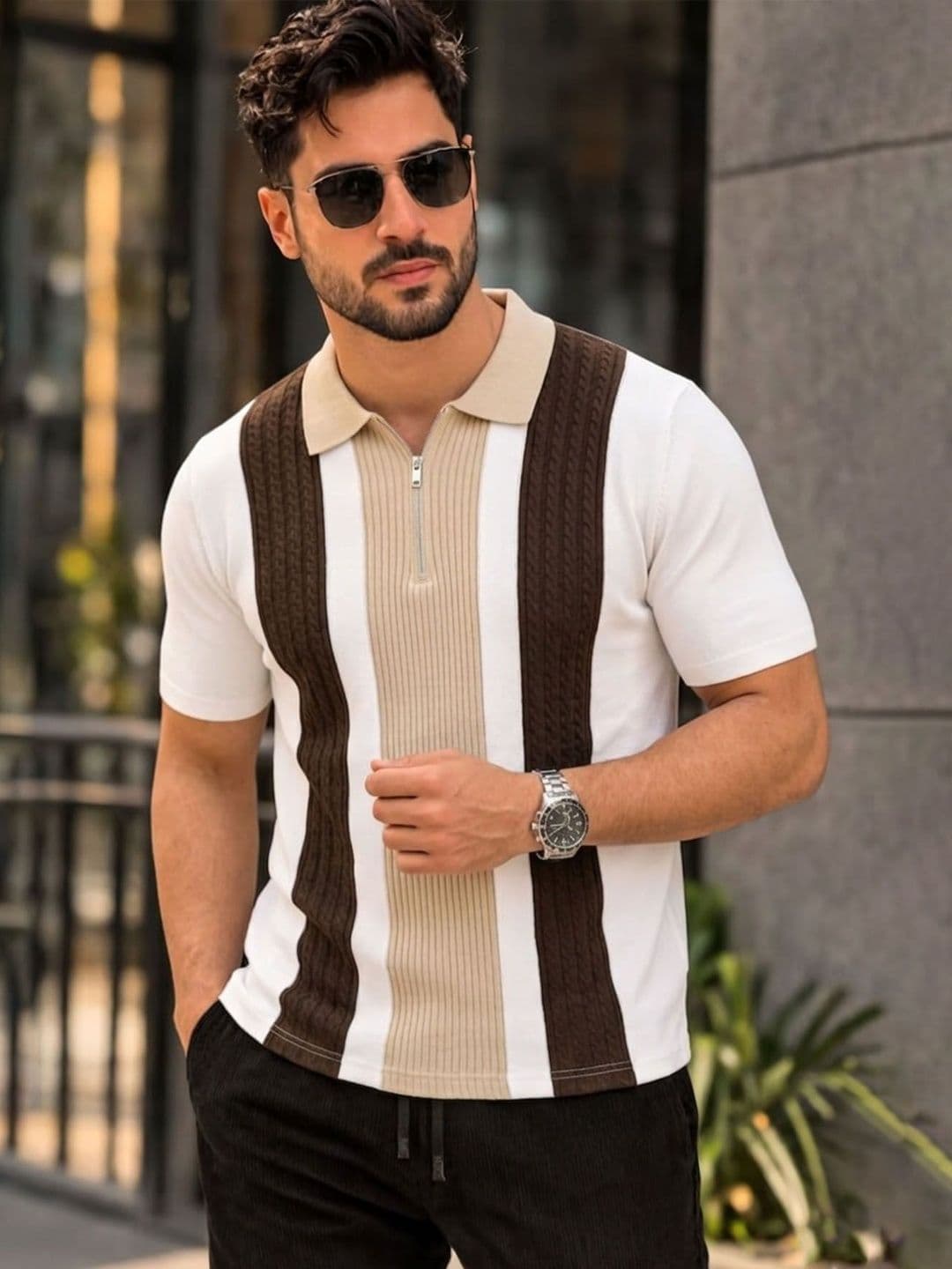 AUSK Men Striped Polo Collar T-shirt - view 1