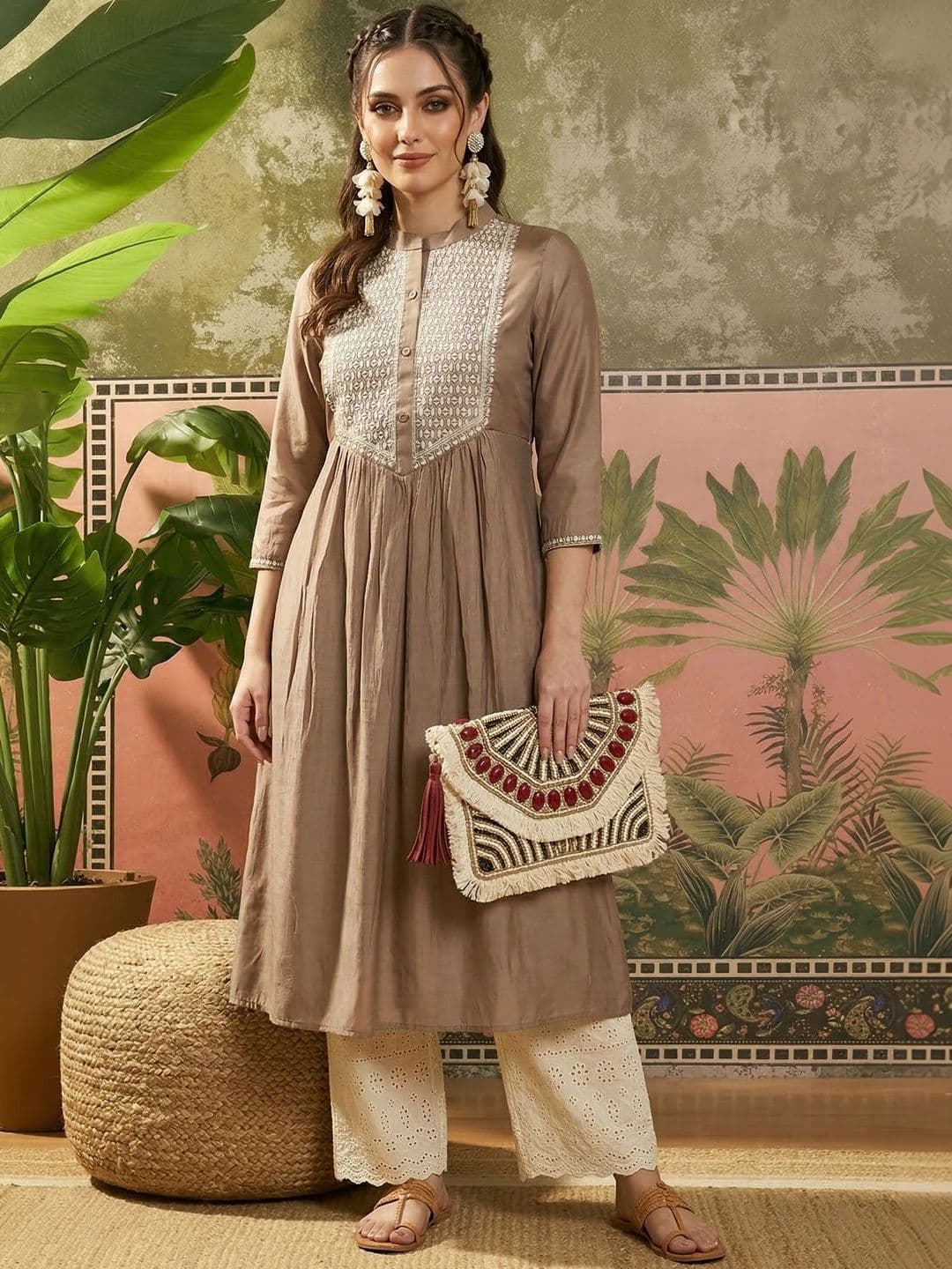 Sangria Embroidered Mandarin Collar Calf Length A-Line Kurtas - view 1