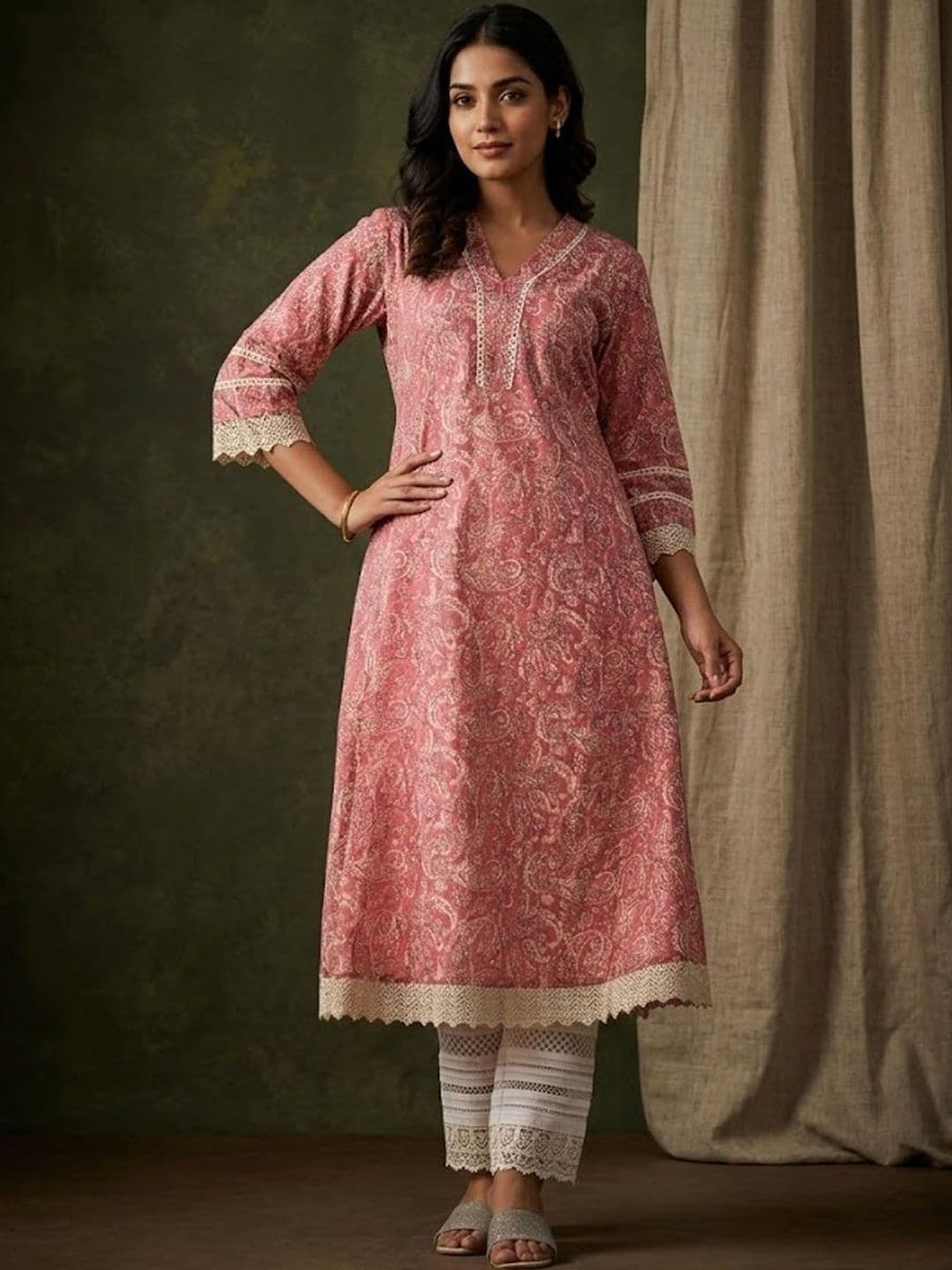Sangria Printed Cotton V-Neck Calf Length A-Line Kurta - view 1