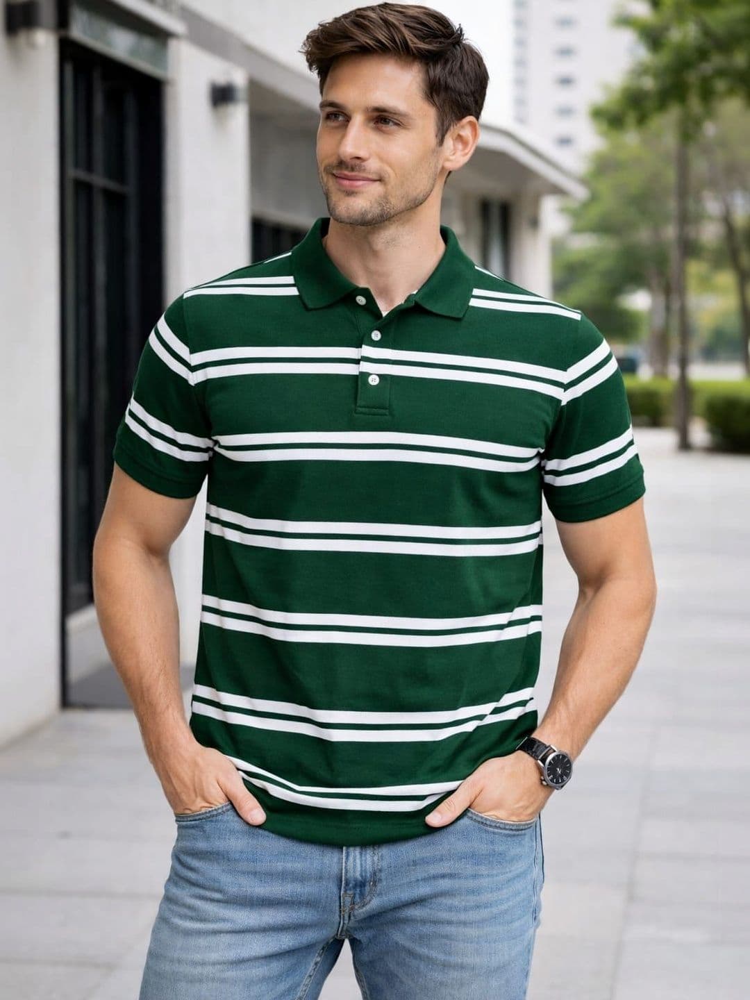 WILD COPS Men Striped Polo Collar Boxy T-shirt - view 1