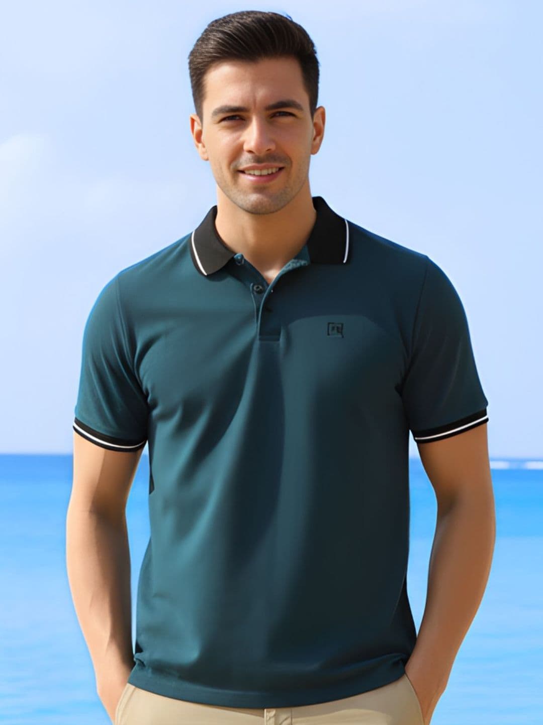 Rigo Men Solid Polo Neck Cotton Blue Tshirts - view 1