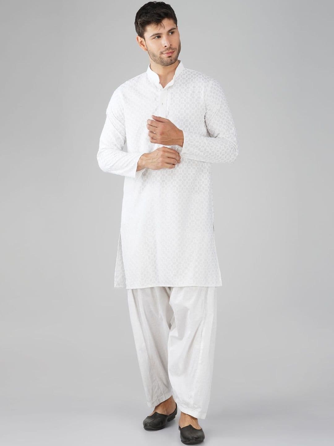 HERE&NOW Men Embroidered Chikankari White Romance Kurta - view 1