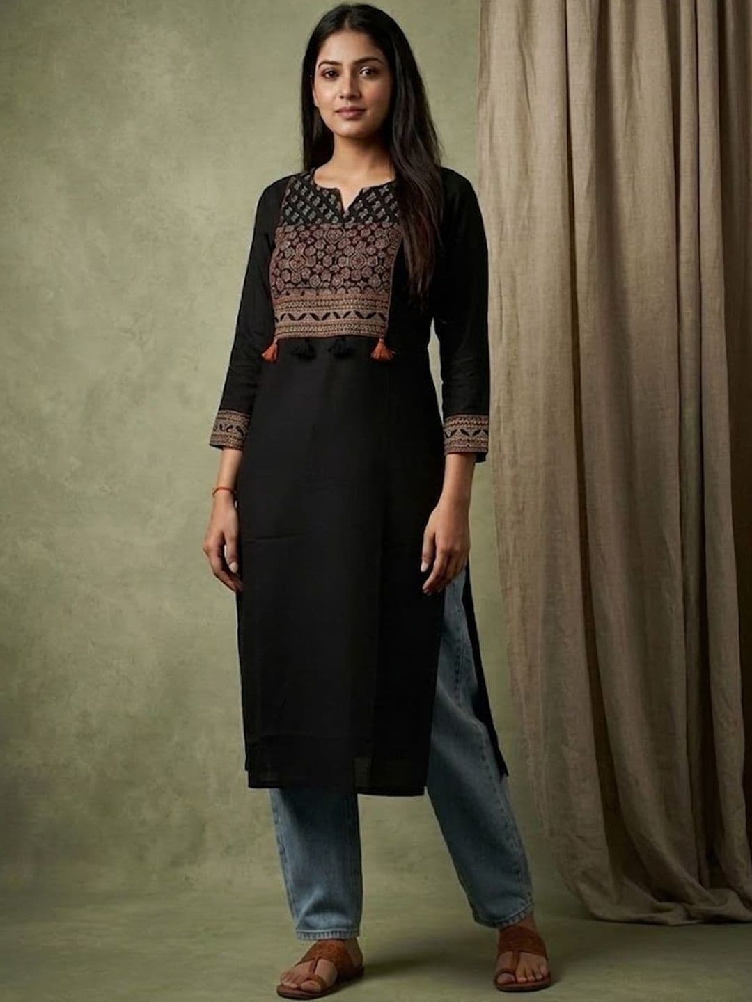 Sangria Printed Notched Neck Calf Length Straight Kurta - view 1