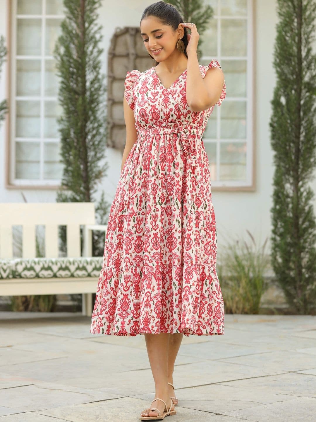 Rain & Rainbow Printed V-Neck Fit and Flare Ethnic Dresses - view 1