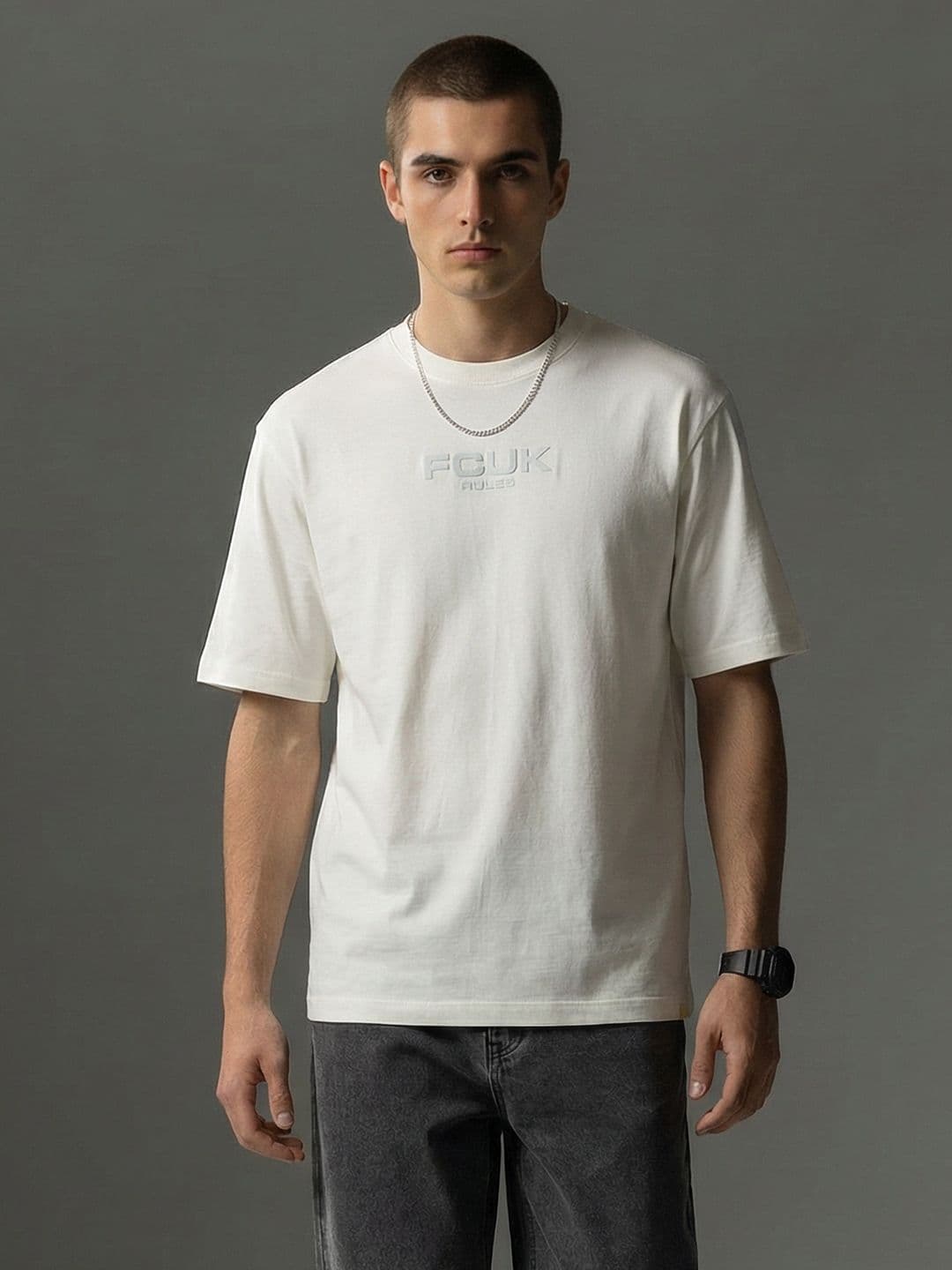 FCUK Brand Logo Puff Printed Drop-Shoulder Sleeves Oversized T-shirt - view 1