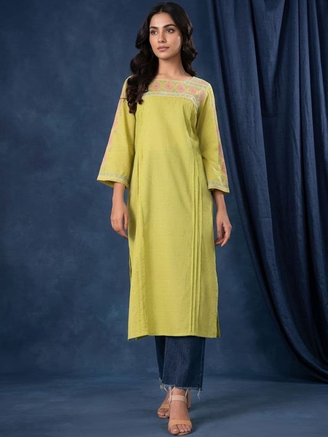 Sangria Embroidered Cotton Round Neck Calf Length Straight Kurta - view 1