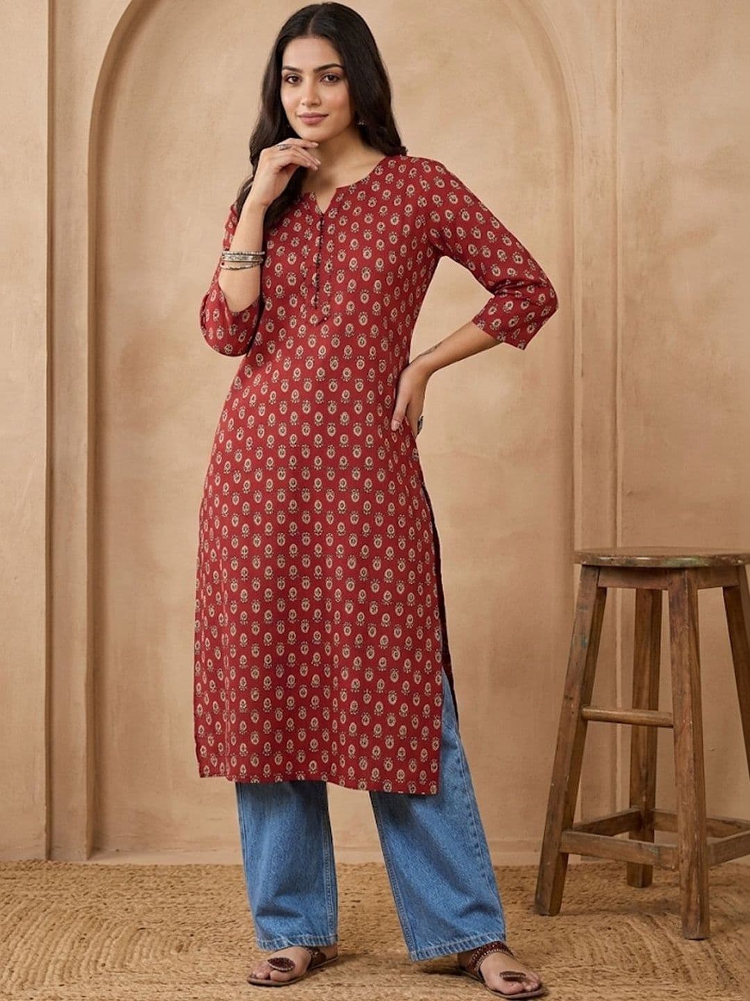 Sangria Printed Cotton Round Neck Calf Length Straight Kurtas - view 1