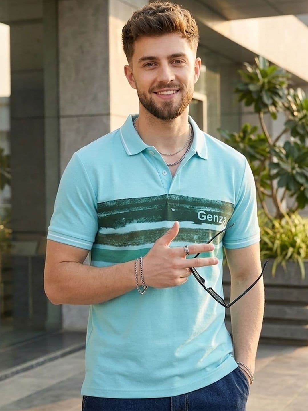 HERE&NOW Men Striped Polo Collar Pockets T-shirt - view 1