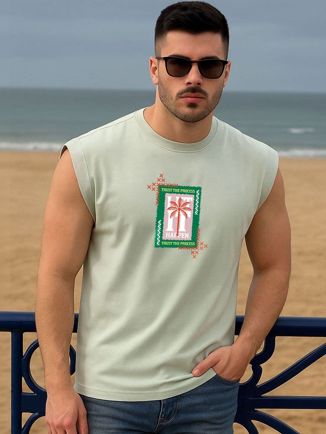 Bewakoof Men Fog Green Let It Happen Graphic Printed Boxy Fit Vest - view 1