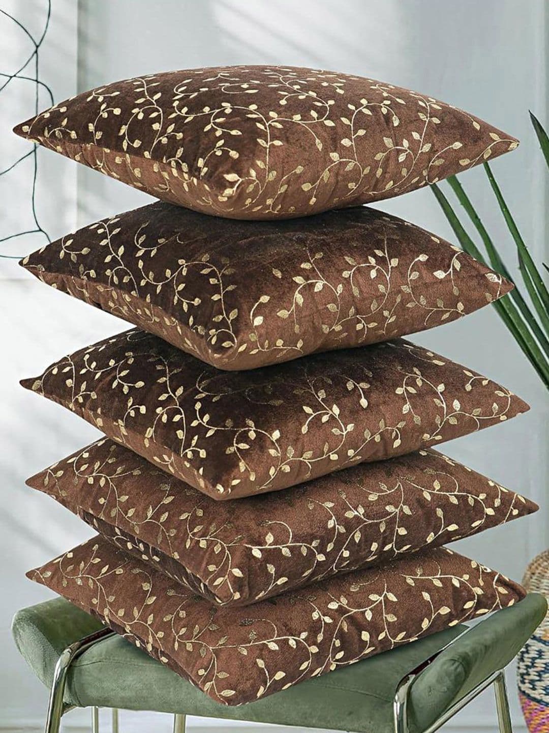 RD TREND Brown&Gold Velvet 5 Pieces Square Cushion Covers-18 inch x 18 inch - view 1