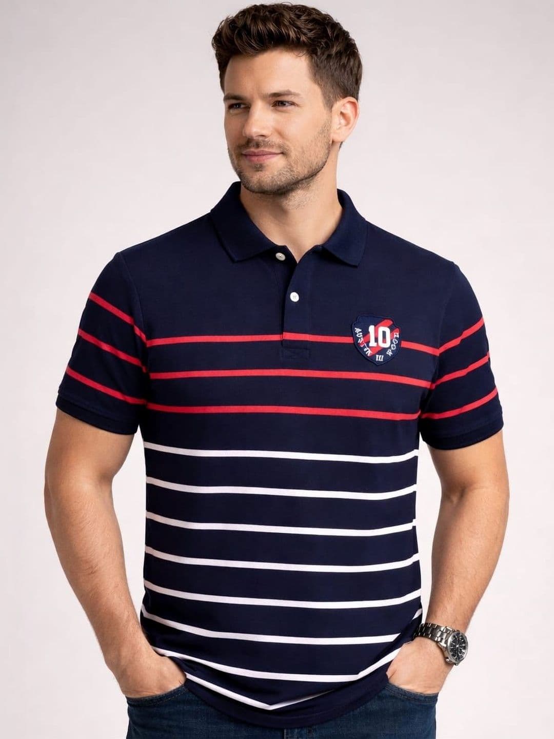 Austin wood Men Striped Polo Collar T-shirt - view 1