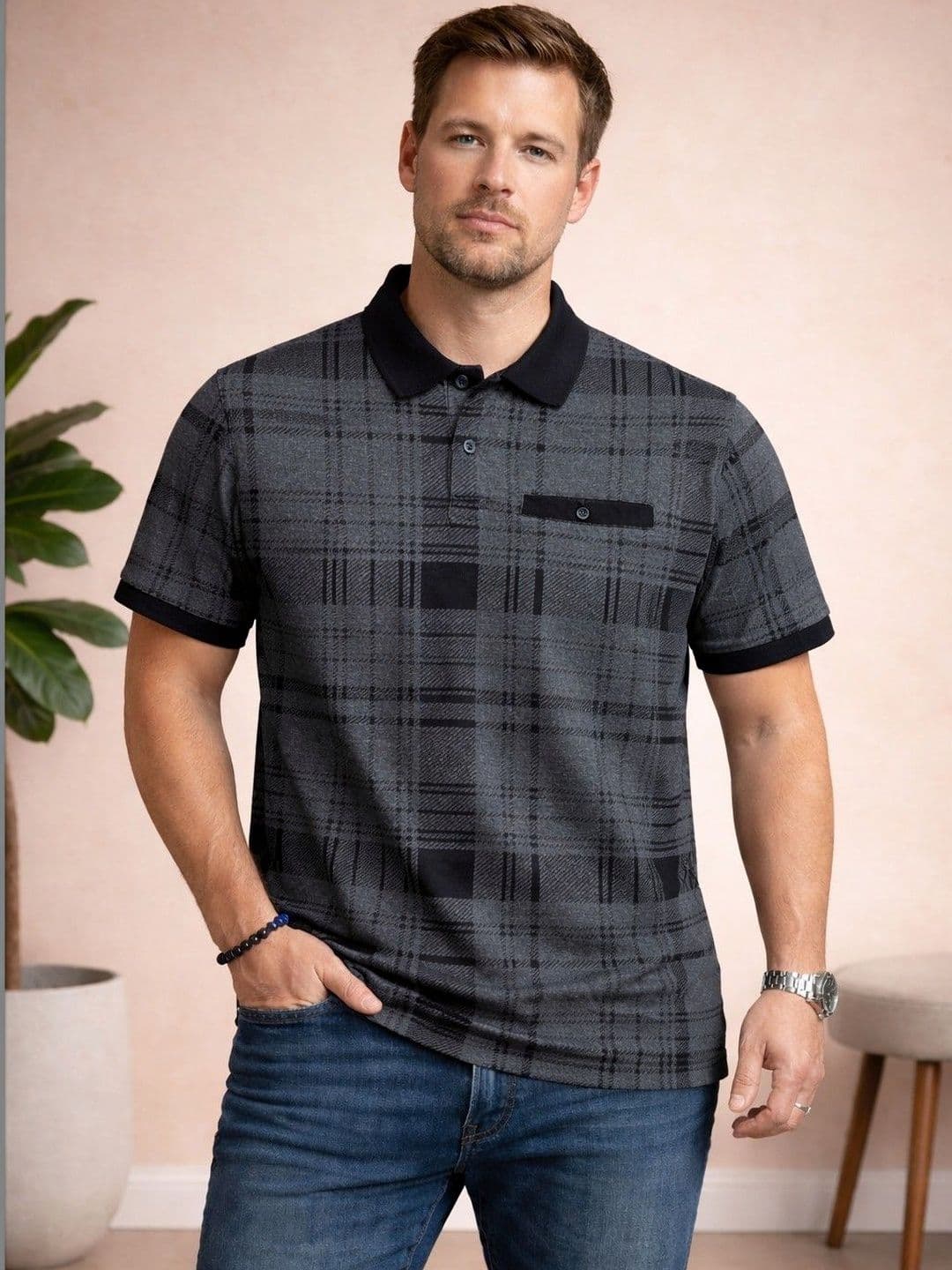 Austin wood Men Checked Polo Collar Pockets T-shirt - view 1