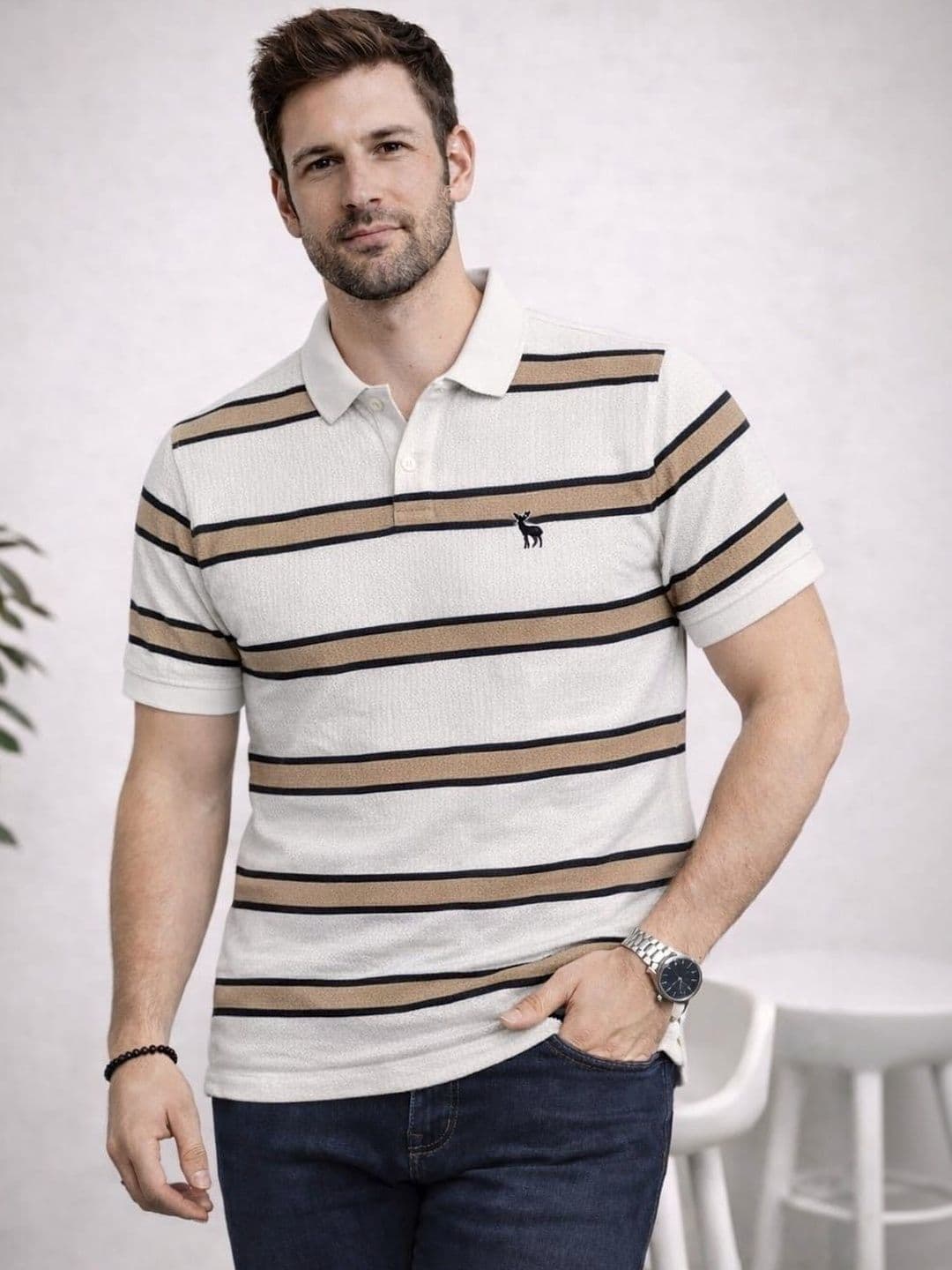Austin wood Men Striped Polo Collar T-shirt - view 1