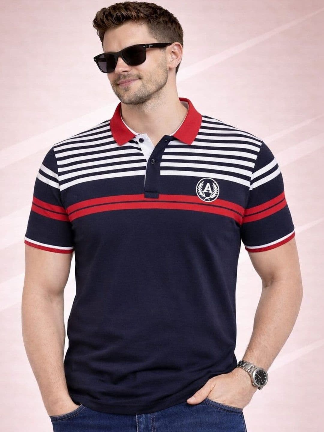 Austin wood Men Striped Polo Collar Pockets T-shirt - view 1