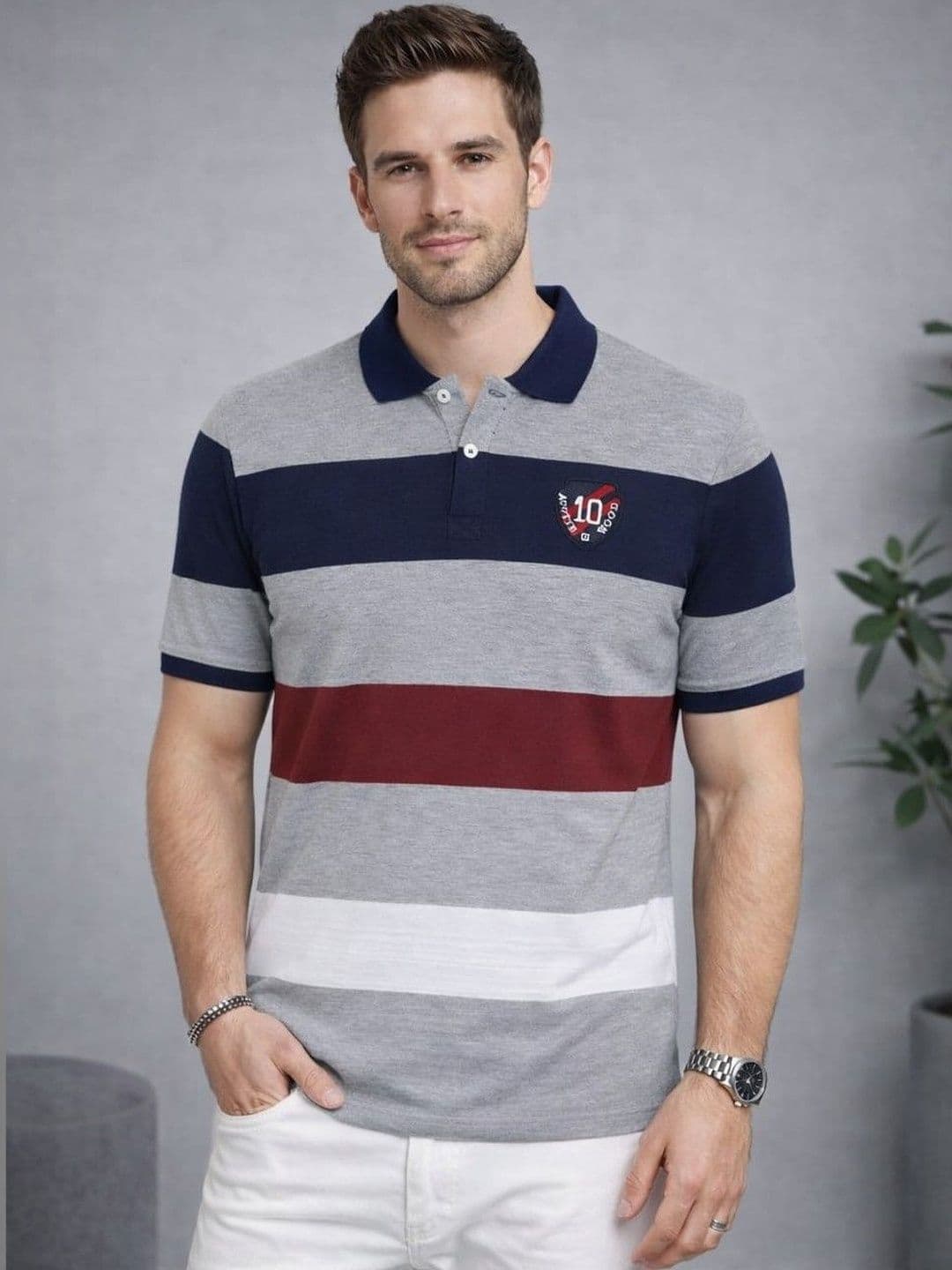 Austin wood Men Striped Polo Collar T-shirt - view 1