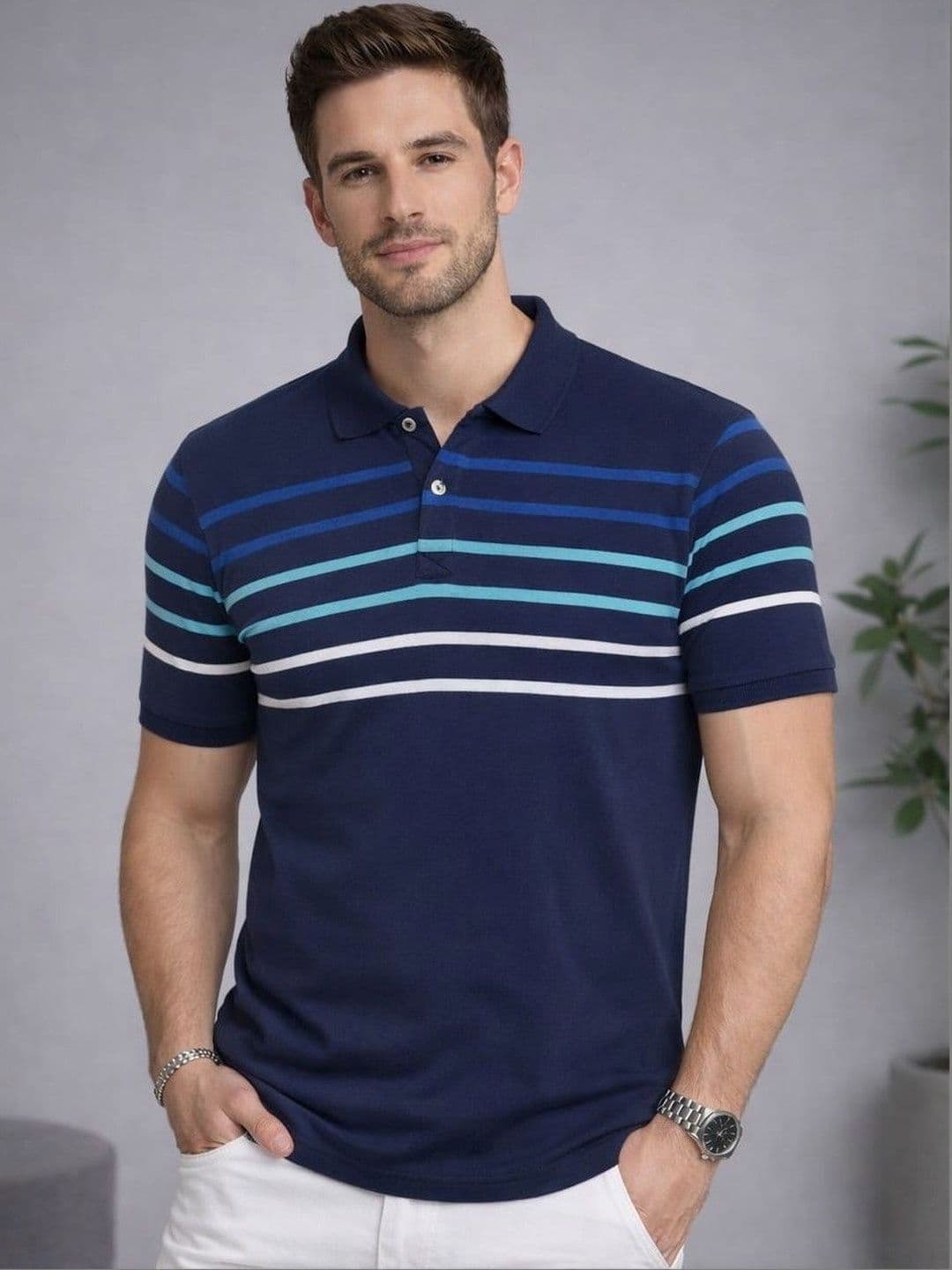 Austin wood Men Striped Polo Collar T-shirt - view 1