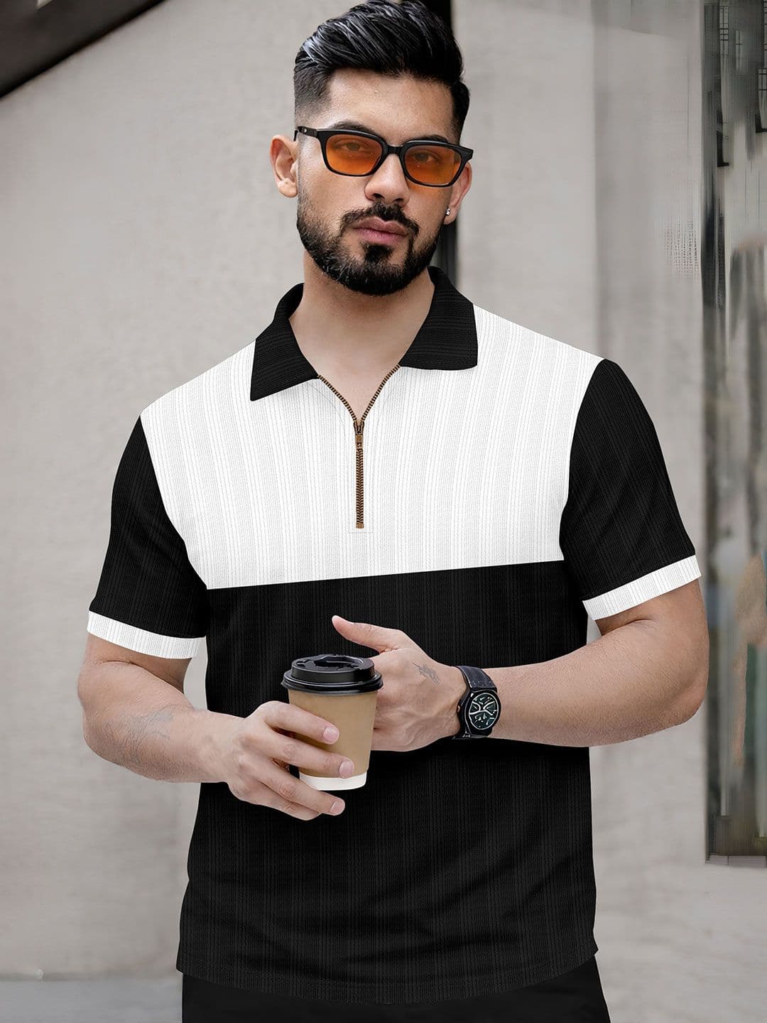 HAPPY KHAJANA Self Design Regularfit Polo Full Zipper Chain Tshirts - view 1