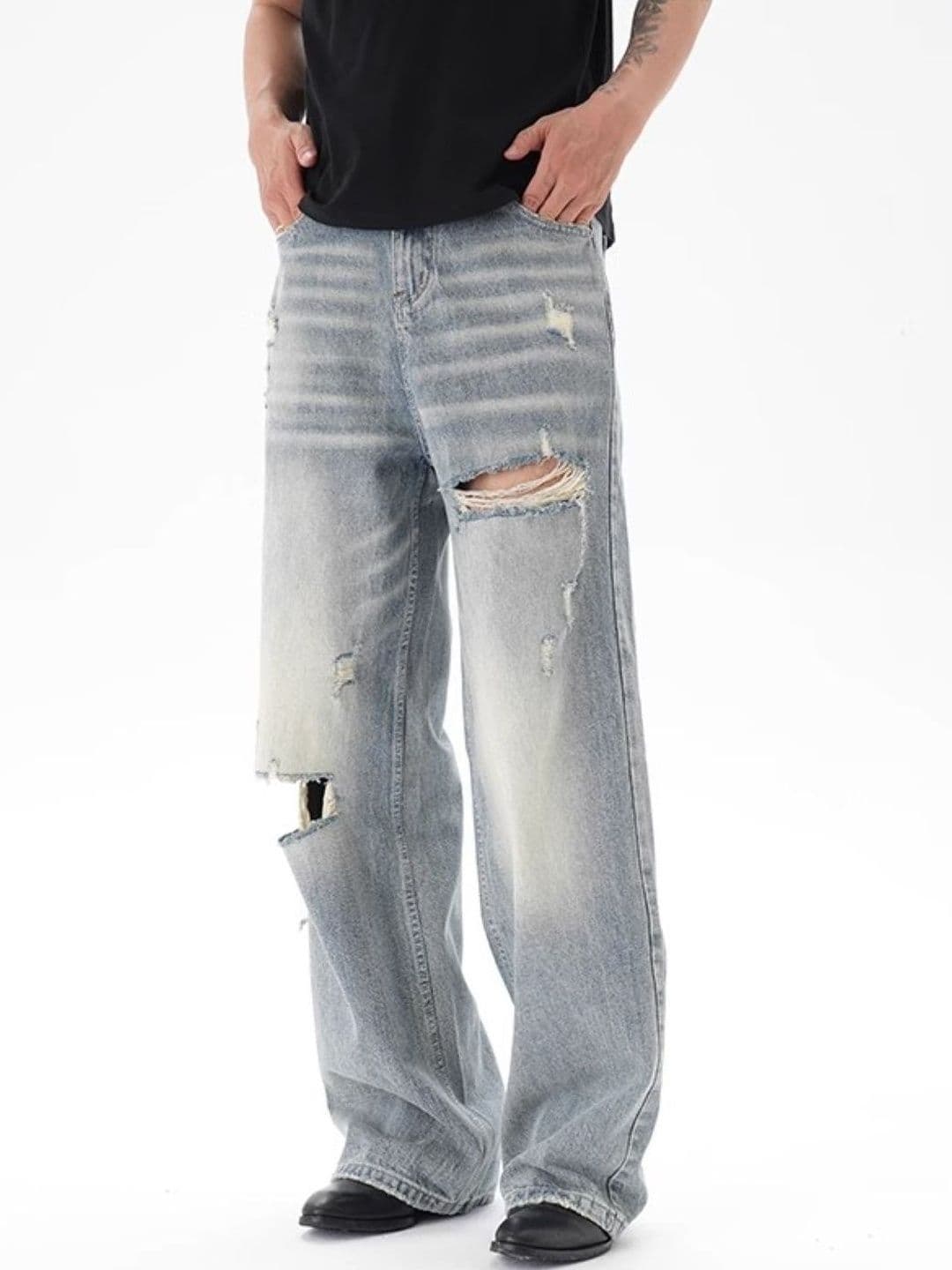 StyleCast Men Wide Leg Mid-Rise Highly Distressed Heavy Fade Jeans - view 1