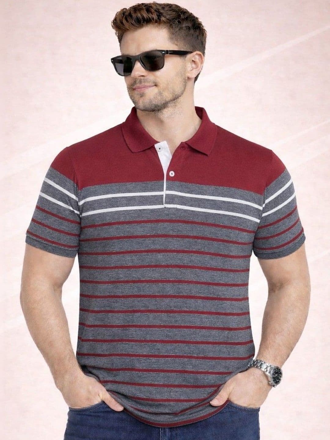 Austin wood Men Striped Polo Collar T-shirt - view 1