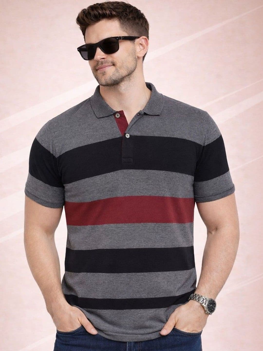 Austin wood Men Striped Polo Collar T-shirt - view 1