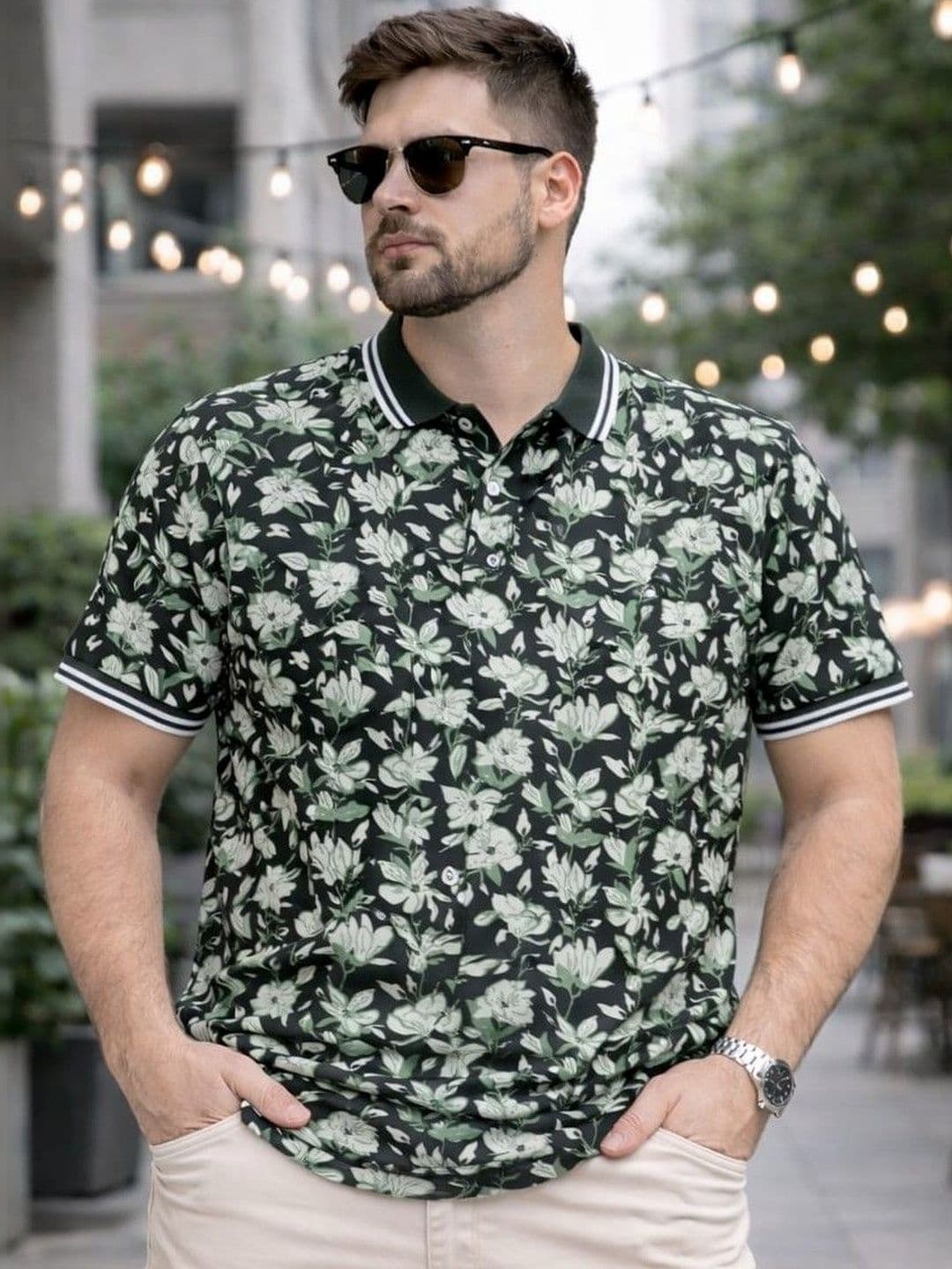 Austin wood Men Floral Printed Polo Collar Tropical T-shirt - view 1