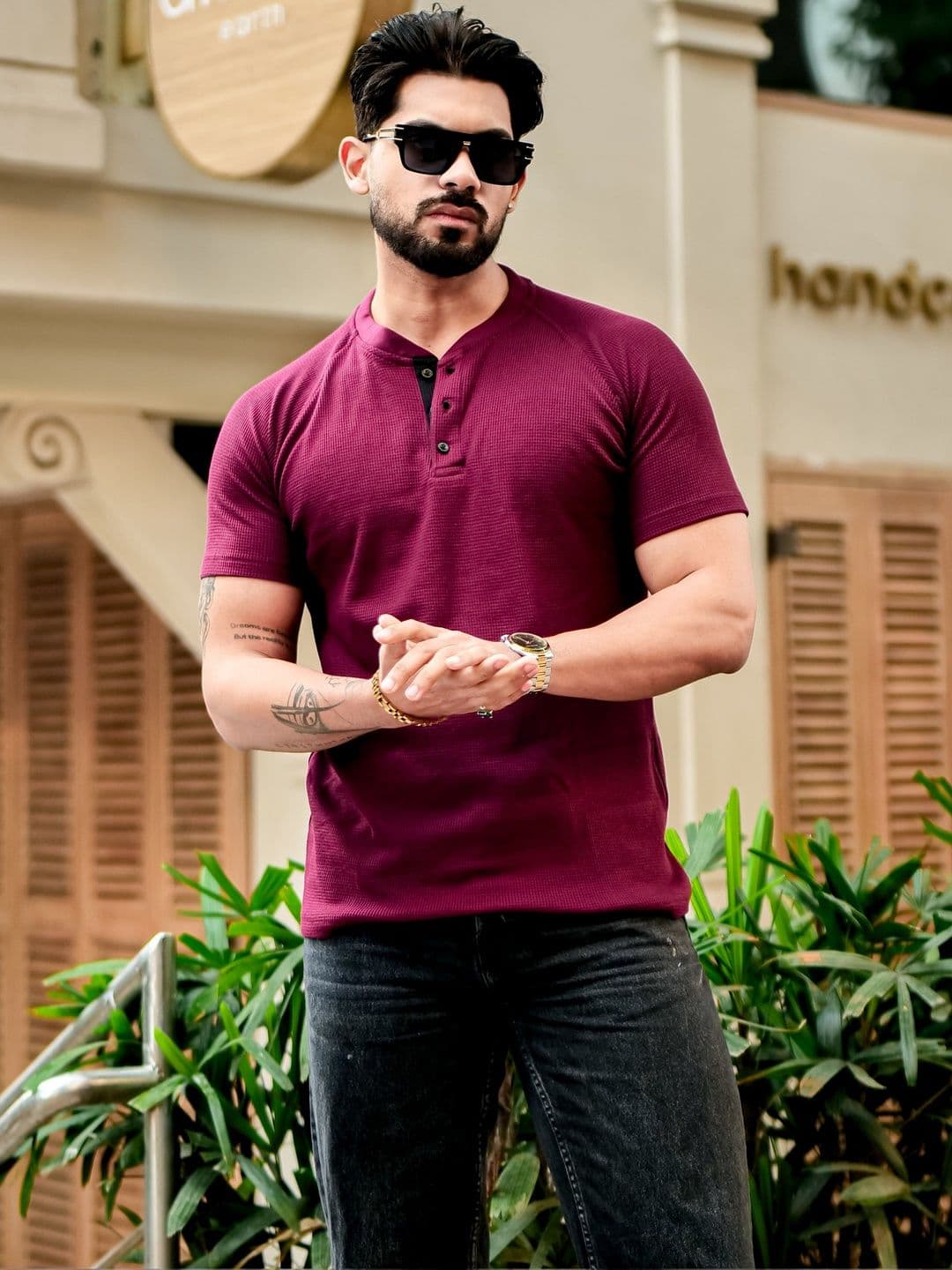 GRITSTONES Men Striped Henley Neck Pure Cotton Pockets T-shirt - view 1