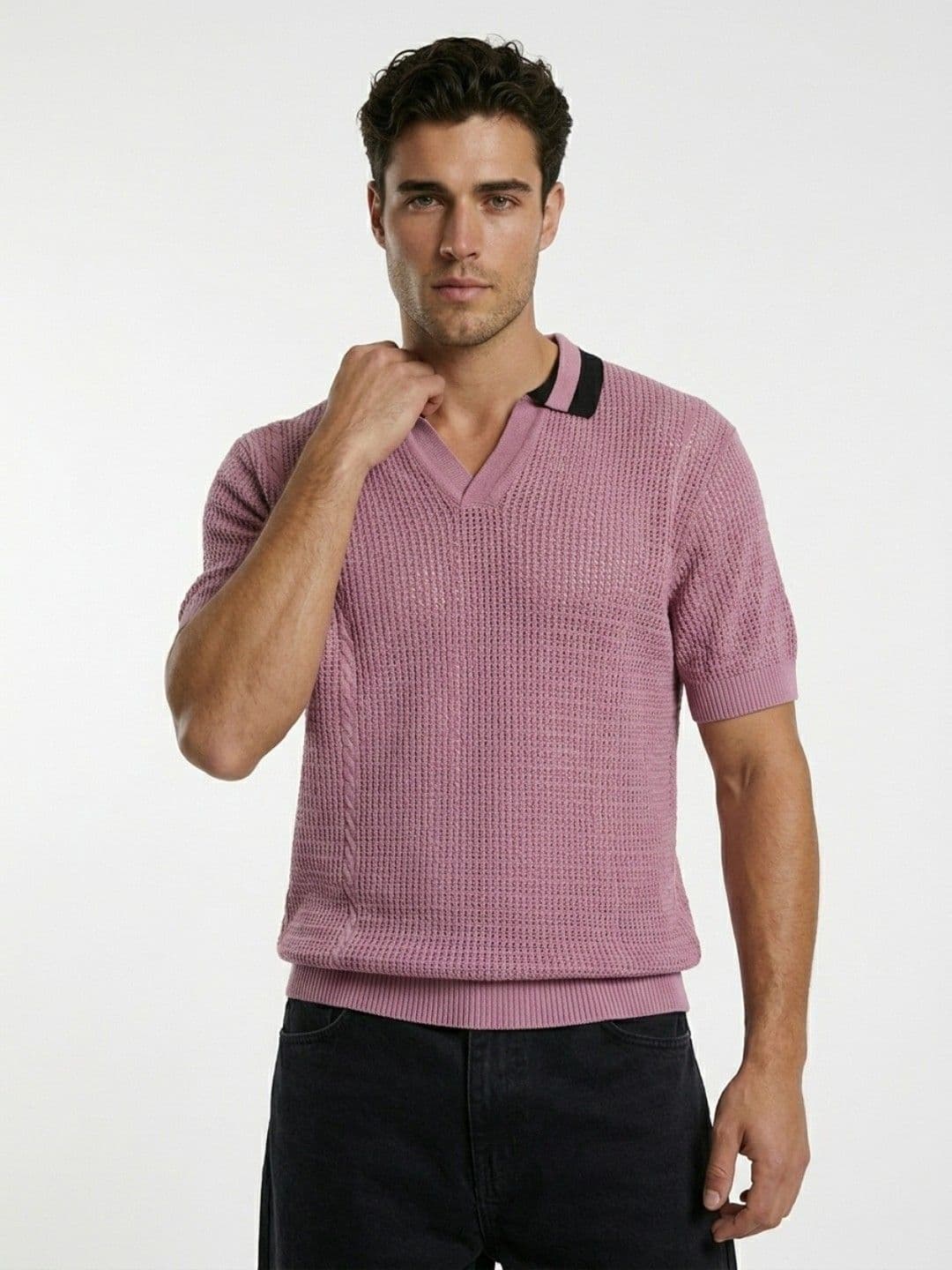 glitchez Relaxed Fit Polo Collar Drop-Shoulder Sleeves Pure Cotton Fine Knit T-shirt - view 1