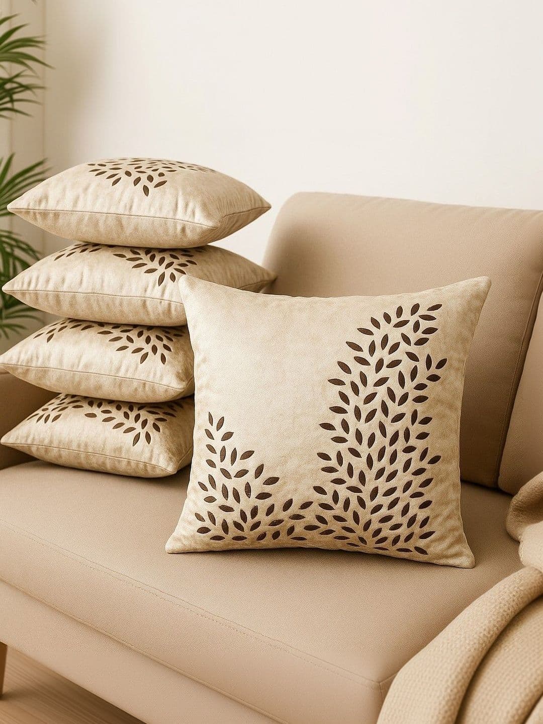 LOFEY Beige Set of 5 Velvet Square Cushion Covers - view 1