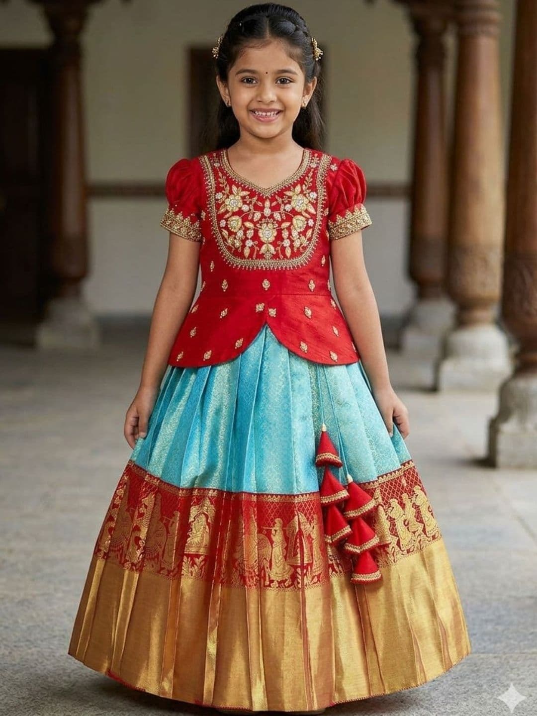 BAESD Girls Embroidered Thread Work Ready to Wear Lehenga & - view 1
