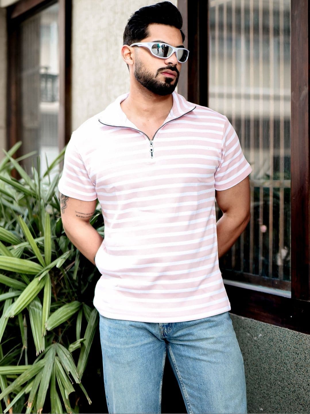 GRITSTONES Striped V-Neck Pure Cotton Pockets T-shirt - view 1