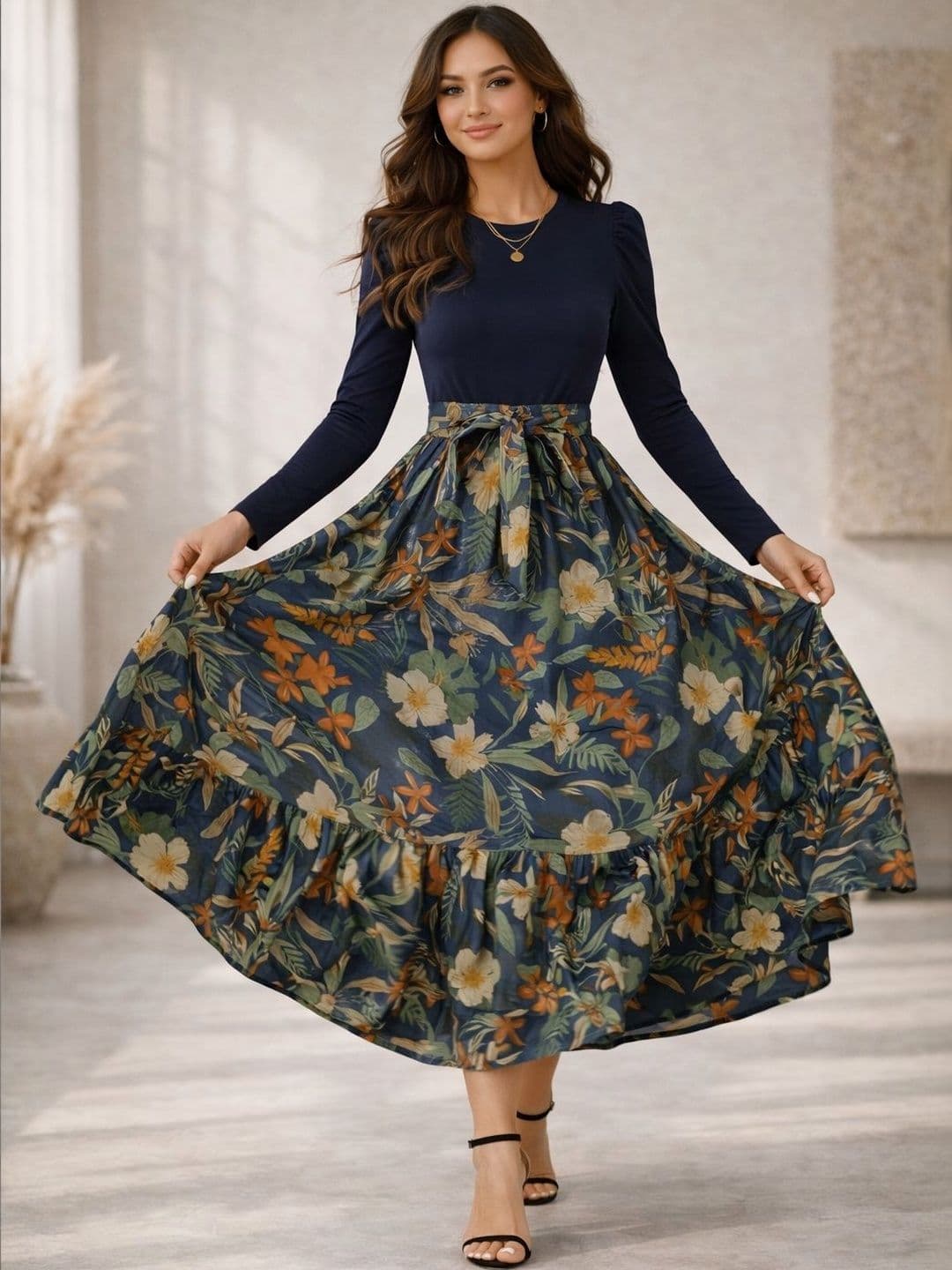 AmorLuxe Floral Solid Top with Skirt & Suspenders - view 1