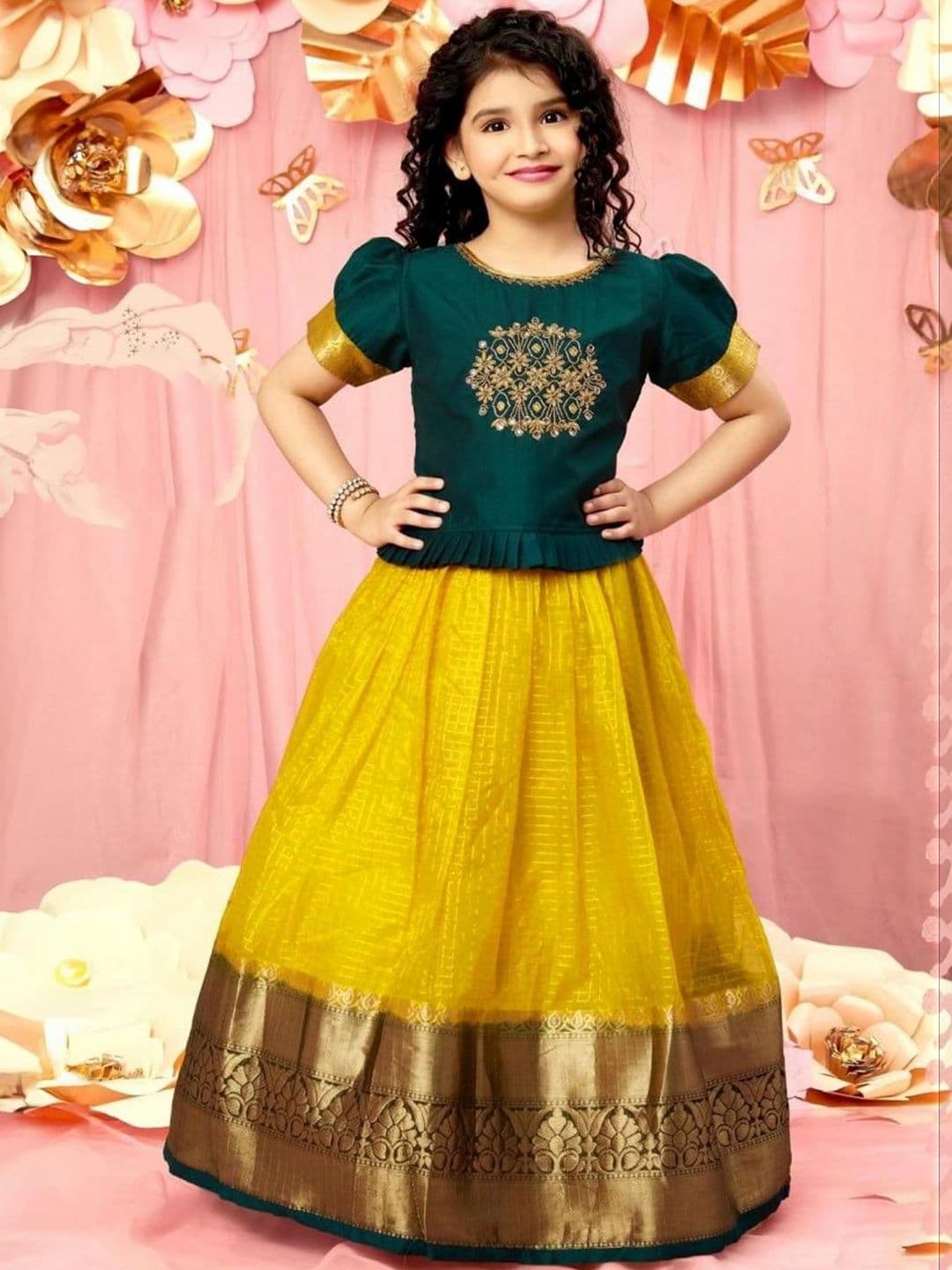 White Button Girls Embroidered Ready to Wear Lehenga & - view 1