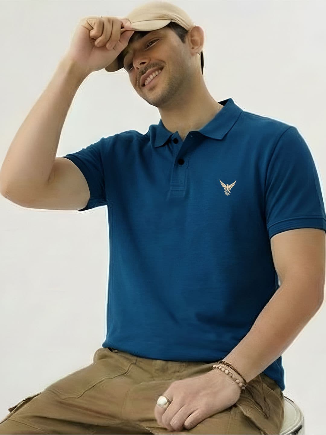 THE BEETEL HOUSE Ausk Self Design Half Sleeve Regular Fit Polo Men's Teal Blue Tshirts - view 1