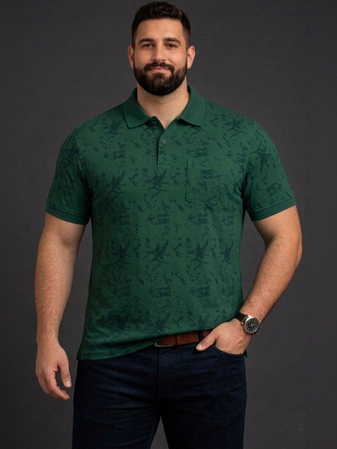 Davno Men Floral Printed Polo Collar Pockets T-shirt - view 1