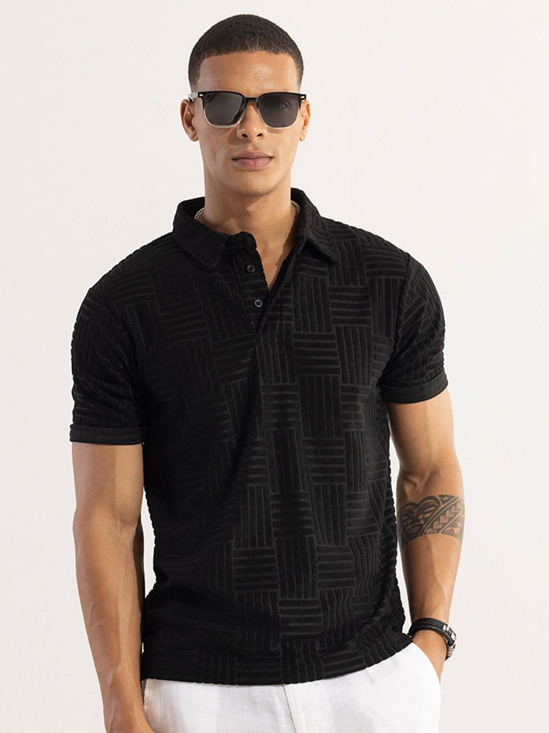 Snitch Black Self Design Polo Collar Slim Fit T-shirt - view 1