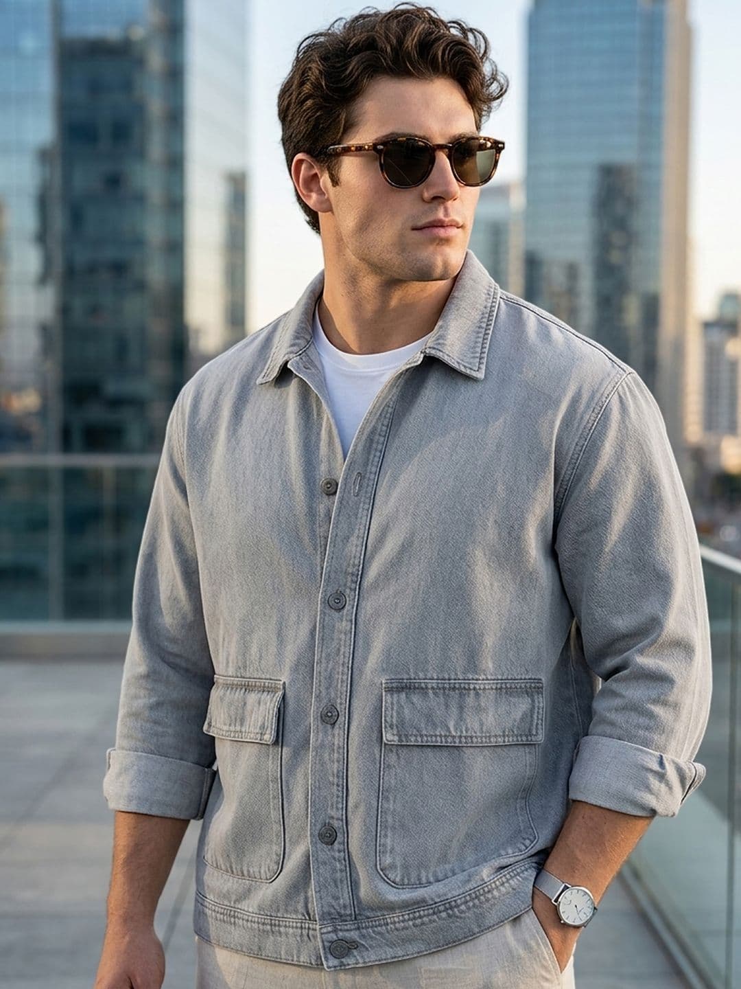 Urbano Plus Men Plus Size Ice Grey Relaxed Fit Utility Denim Jacket - view 1