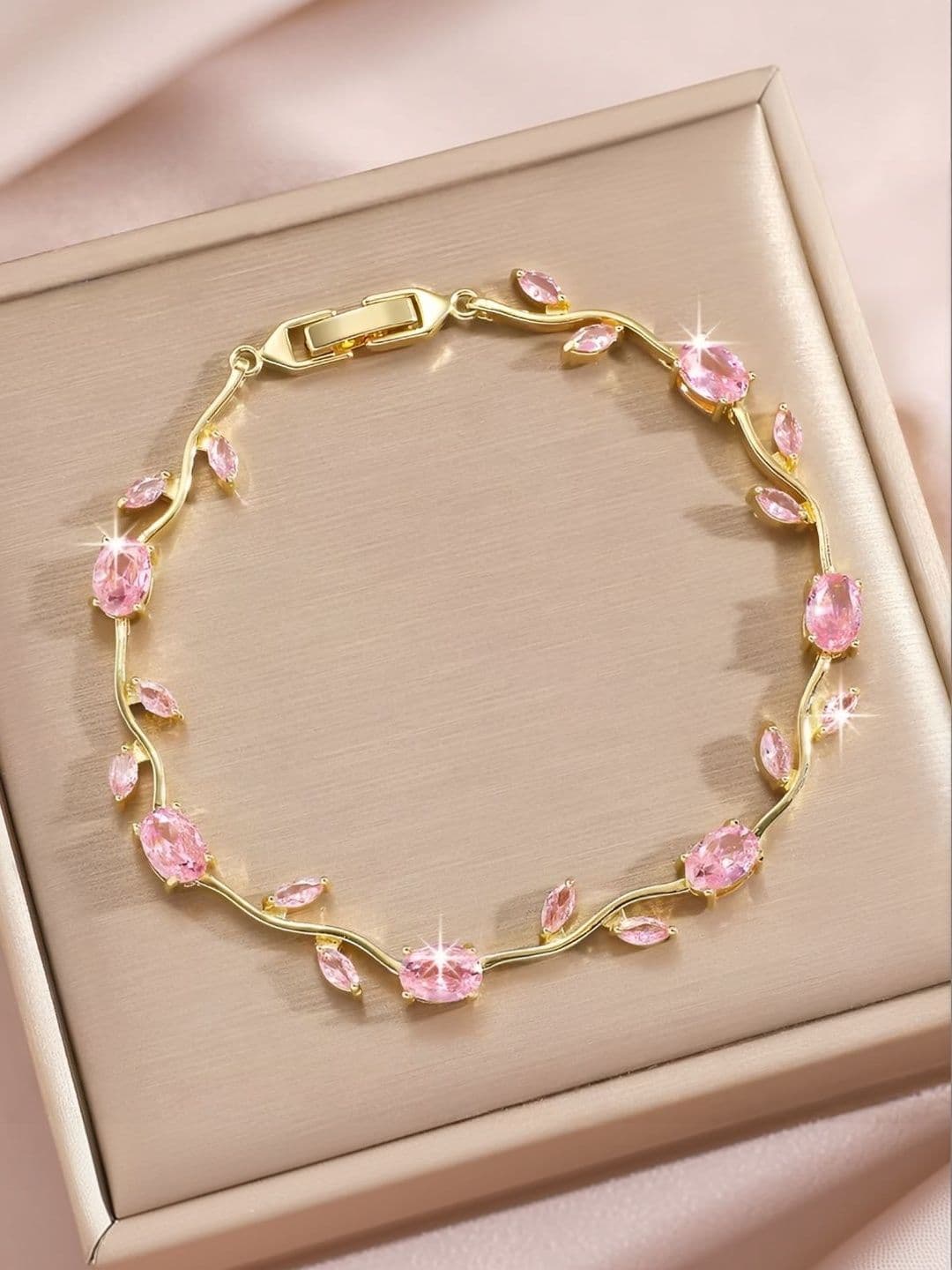 Inites Anti Tarnish Floral Pink Crystal Stones Tulip Bracelet - view 1