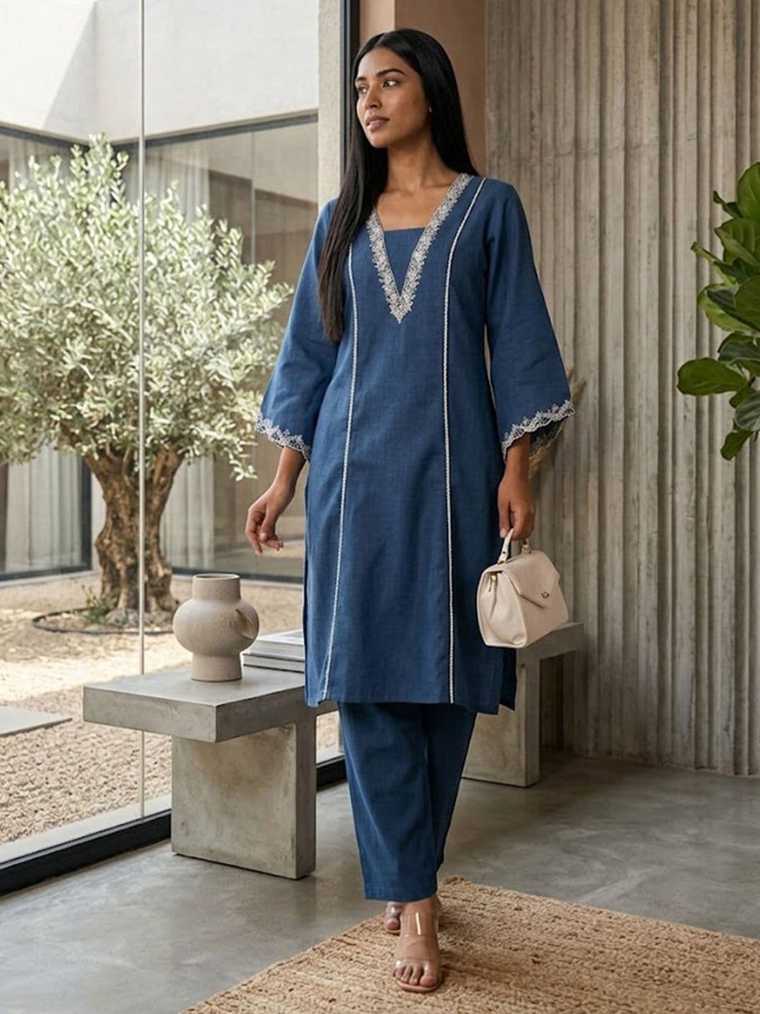 Varanga Navy Blue and White Square Neck Floral Embroidered Top With Trouser - view 1