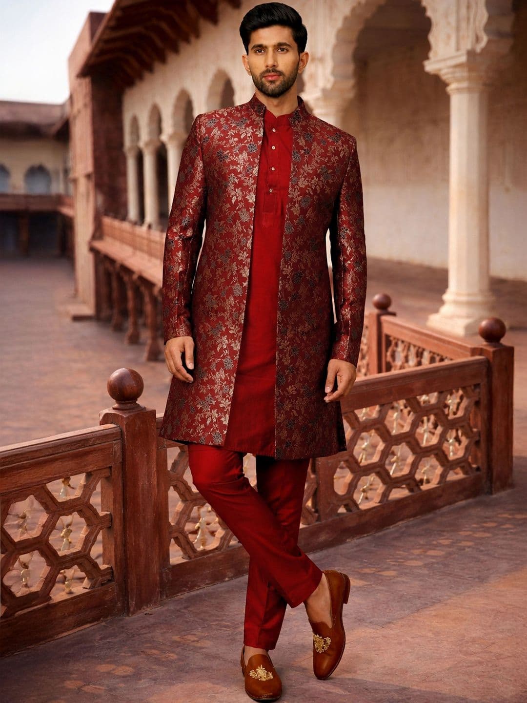 VASTRAMAY Brocade Mandarin Collar Sherwani - view 1