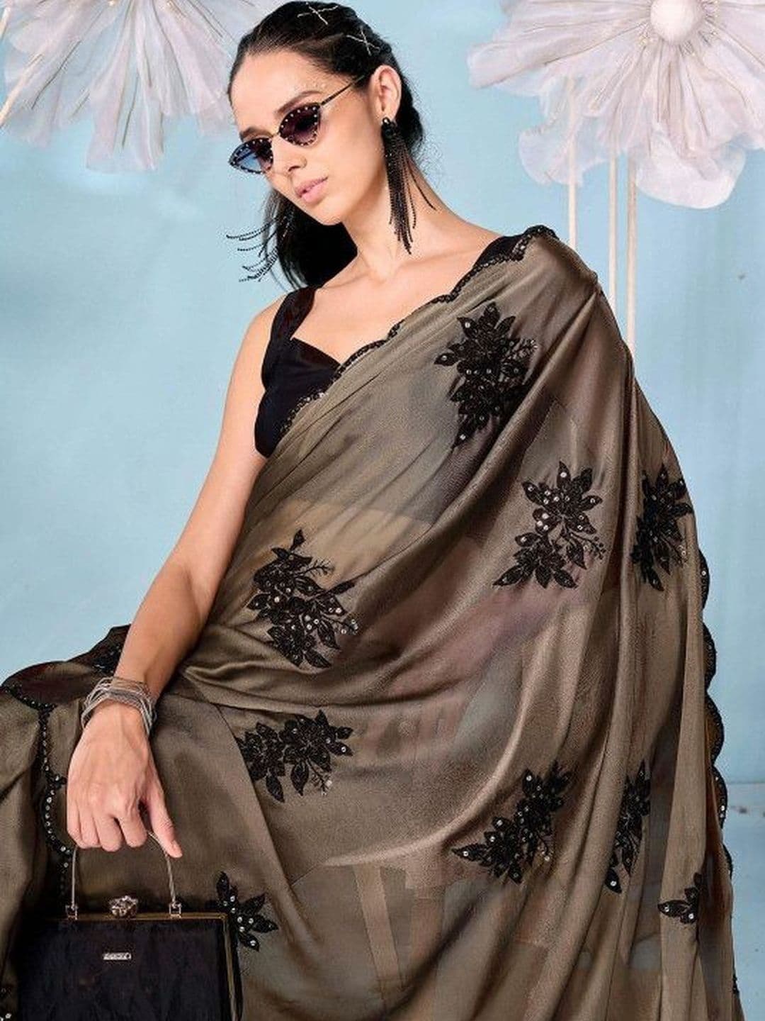 VRAGI Floral Sequinned Art Silk Designer Saree - view 1