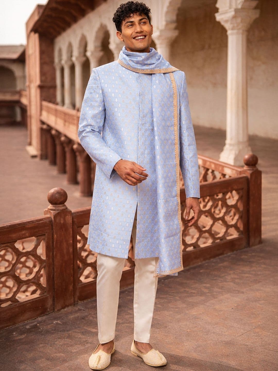 VASTRAMAY Self Design Mandarin Collared Sherwani - view 1