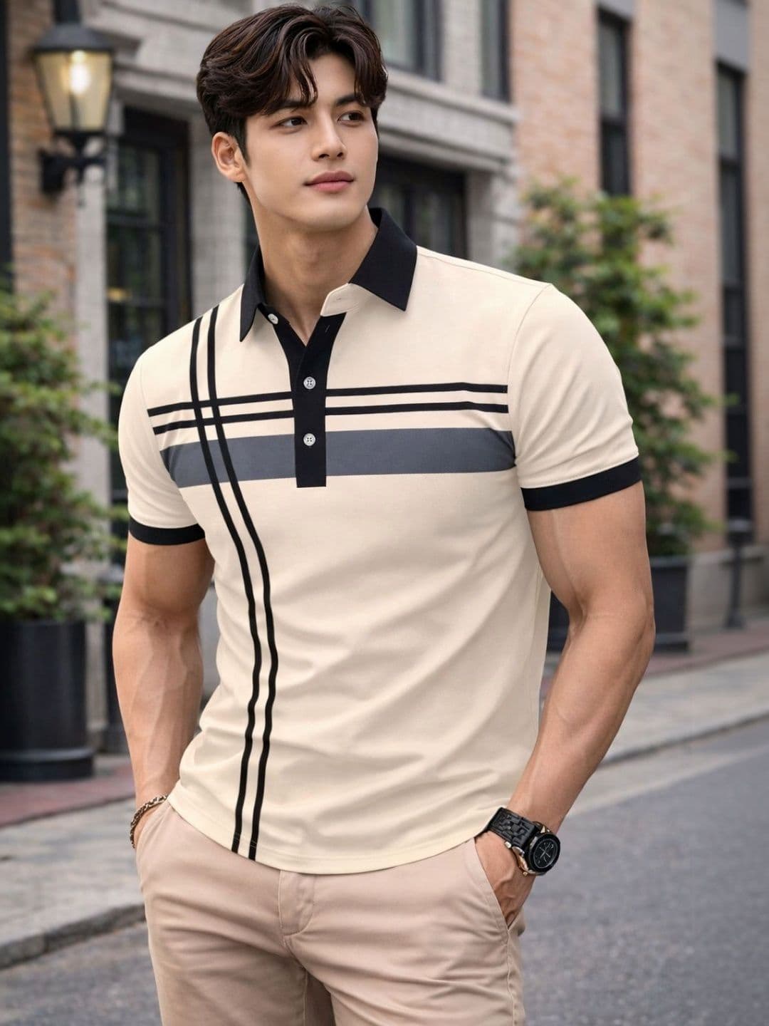 TAZO Men Striped Polo Collar T-shirt - view 1