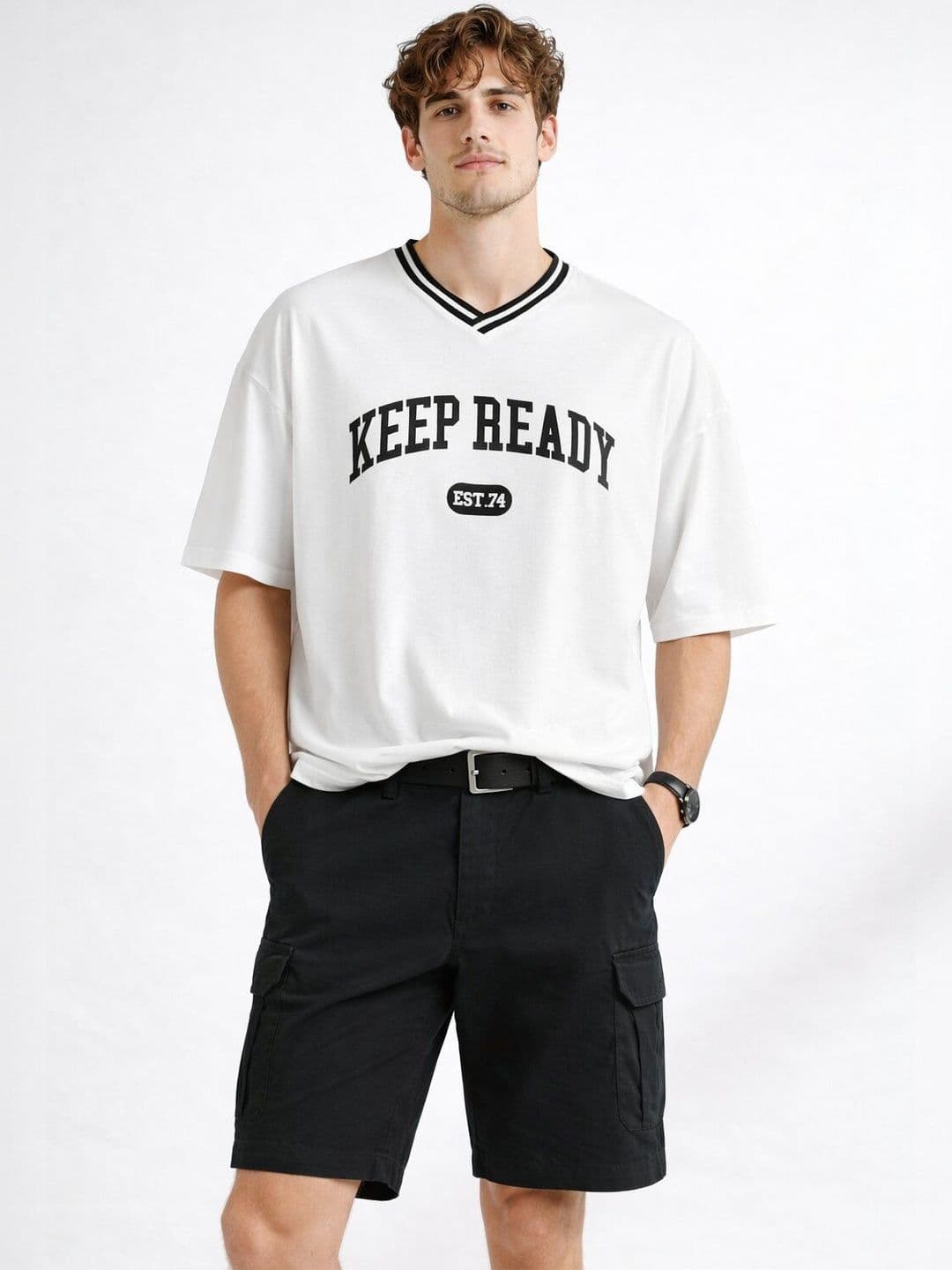 DOOR74 Men Typography Printed V-Neck T-shirt - view 1