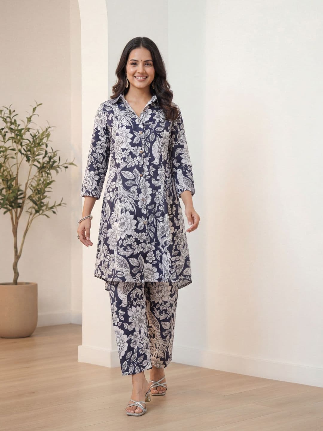 SZN Navy Blue Floral Printed Tunic with Trousers - view 1