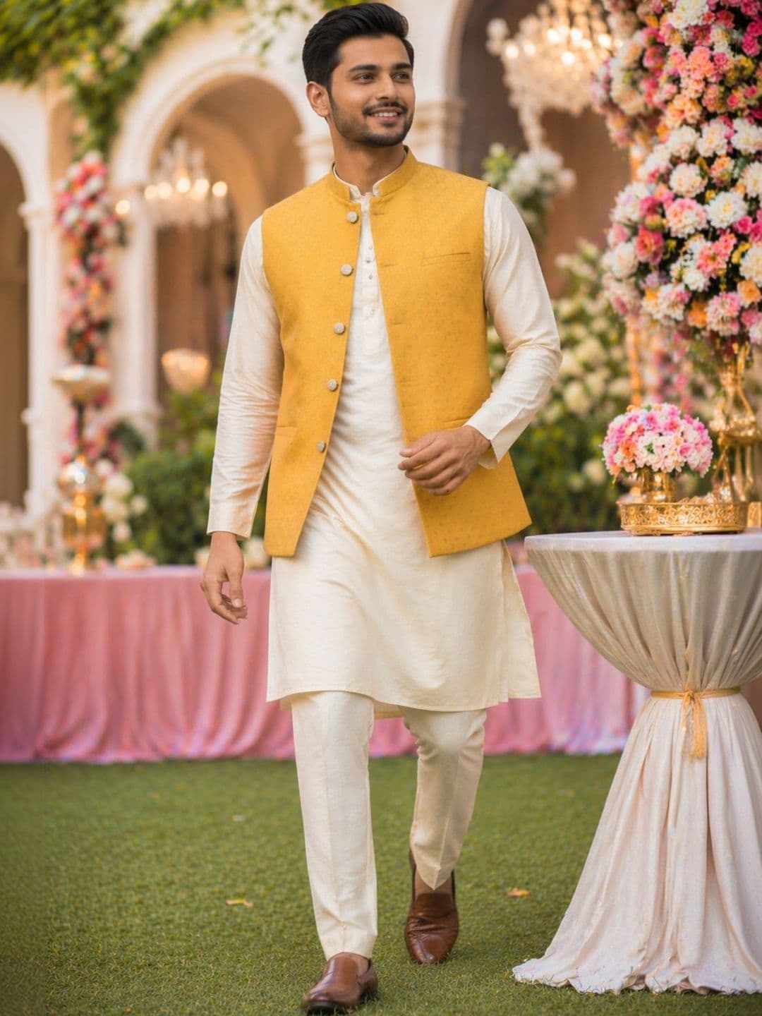 House of Pataudi Floral Textured Festive Jacquard Nehru Jacket - view 1