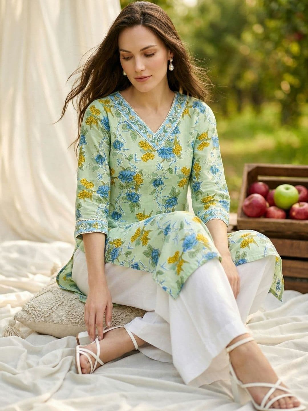 Sangria Women Printed V-Neck Calf Length Straight Kurtas - view 1