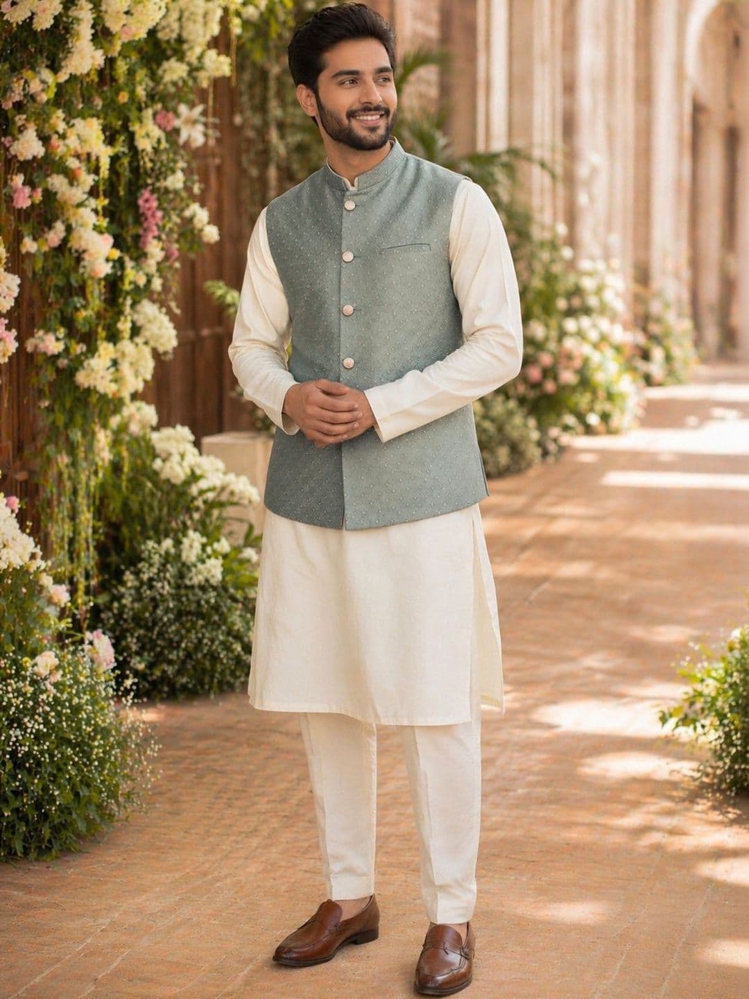 House of Pataudi Floral Textured Festive Jacquard Nehru Jacket - view 1
