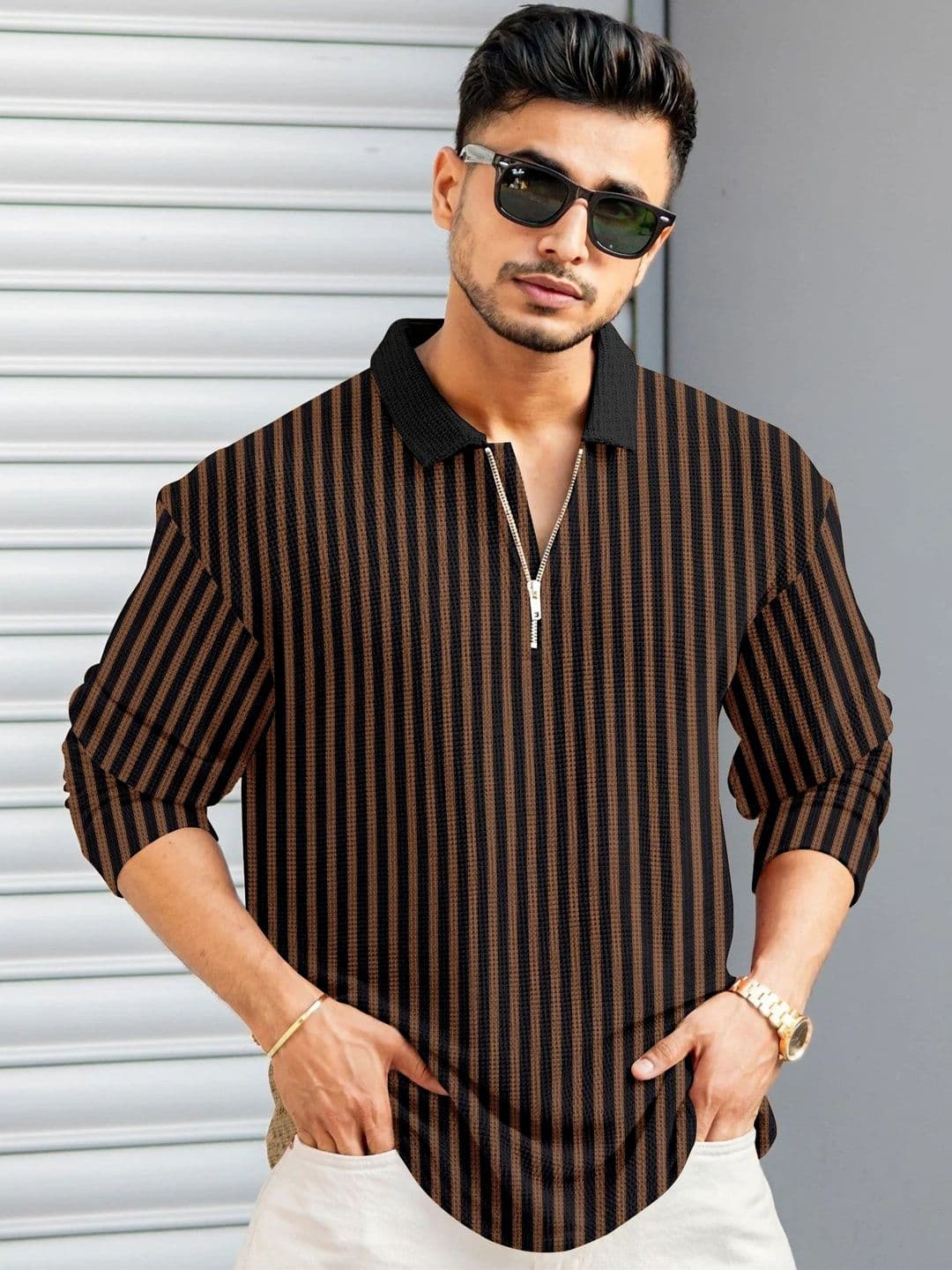 SZN Men Striped Polo Collar Pockets T-shirt - view 1